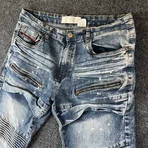 AKDMKS Jeanius Men's Moto Biker Jeans 34x32 (35x30) Blue Distressed Zip Denim‎